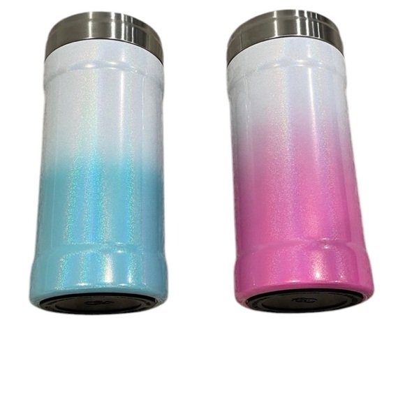 Two Glitzy 12 oz Can Cooler in Blue Teal Pink Sparkle Ombré Skinny Can Fit Shiny - Picture 10 of 16